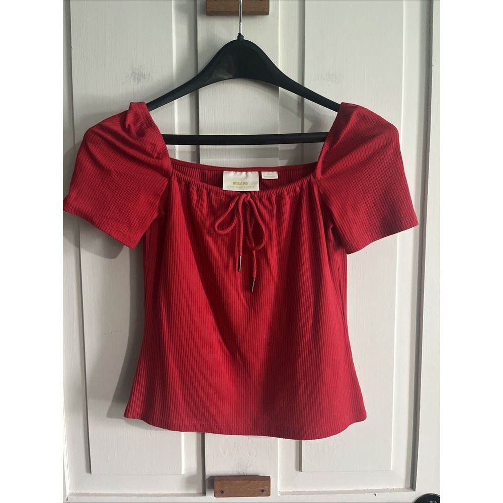 Maeve Anthropologie Red Ribbed Tie-Front Puff Sleeve Top XSmall Classic